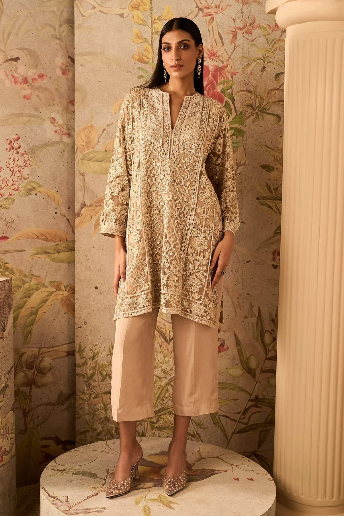 SHOWCASE - Champagne Net Embroidered Kali Kurta With Silk Pants