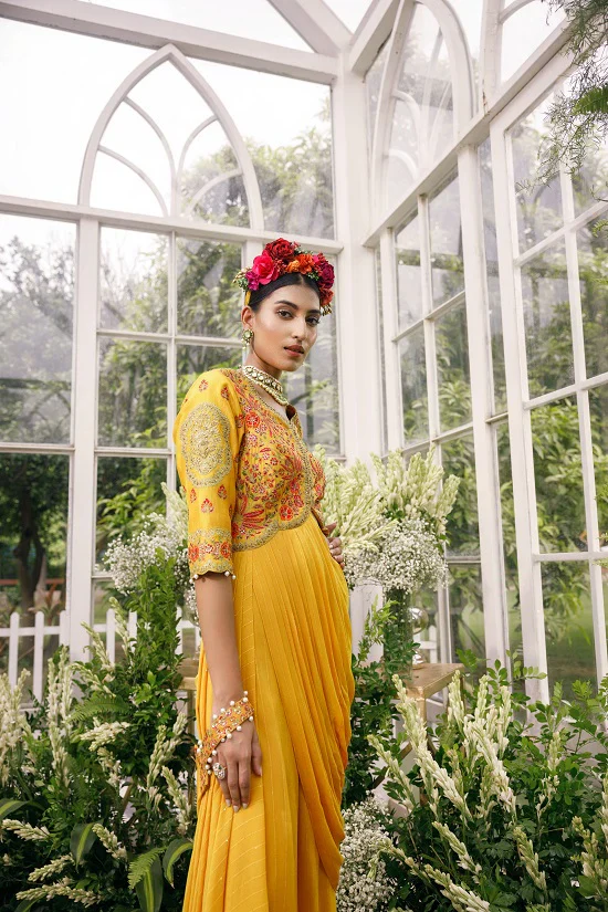 Silk Blouse With Asymetrical Neck And Waist Line Embroidered With Multi Colour Thread - Image 3