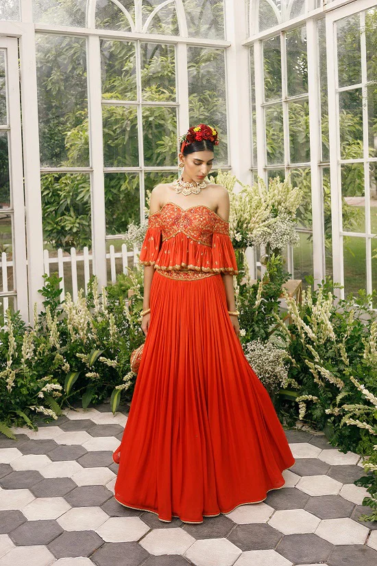 Silk Blouse With Gerogette Frills And Shaded Georgette Skirt