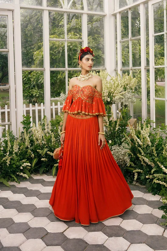 Silk Blouse With Gerogette Frills And Shaded Georgette Skirt - Image 3
