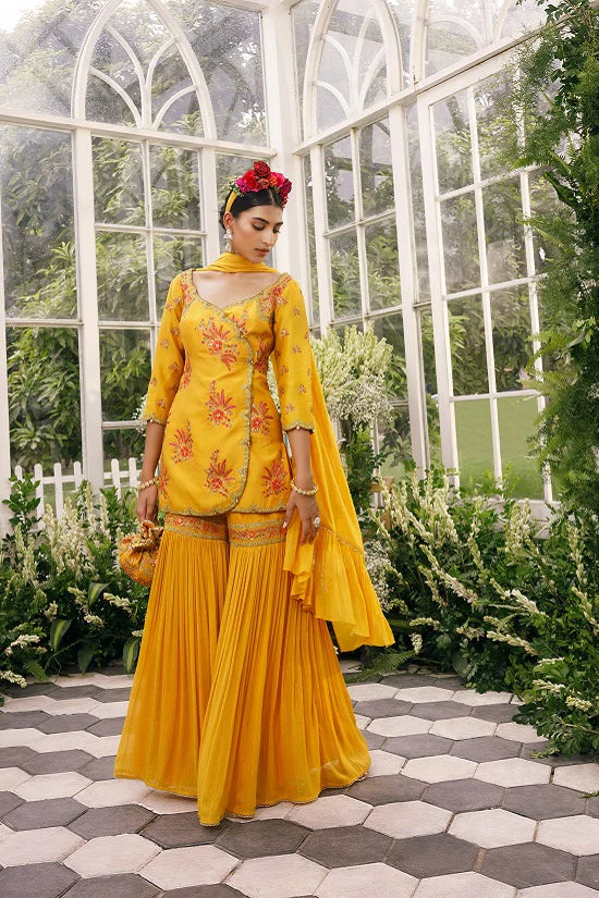 Silk Kurti With Sequin Embroidered Georgette Dupatta With Georgette Sharara - Image 2