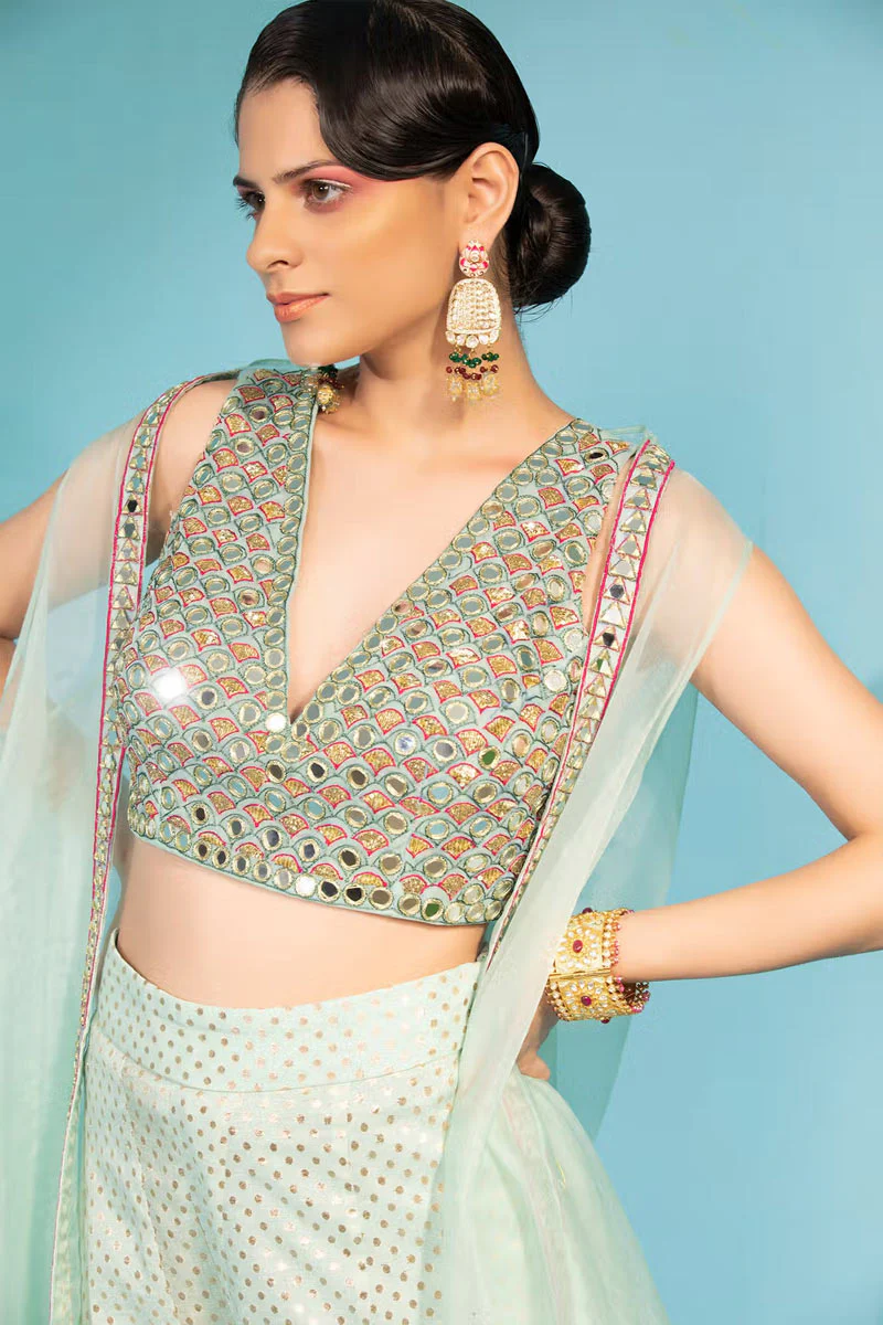 Sky Blue Cotton Shantoon Banarasi Chanderi Sharara Set With Cape - Image 3