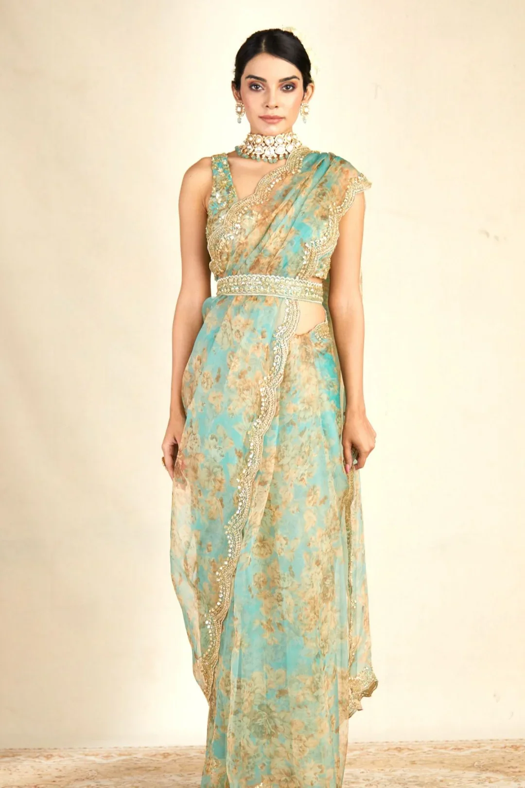 Sky Blue Printed Organza Saree