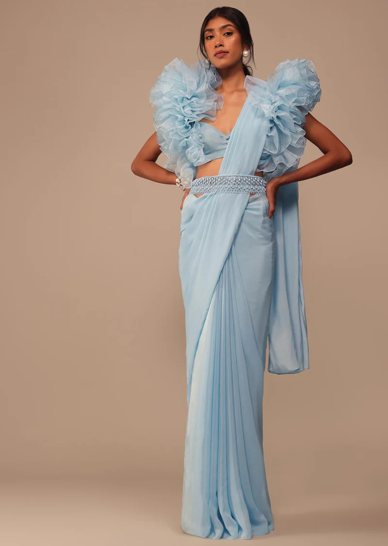 Sky Blue Saree With Organza Ruffle Blouse And Embroidered Belt