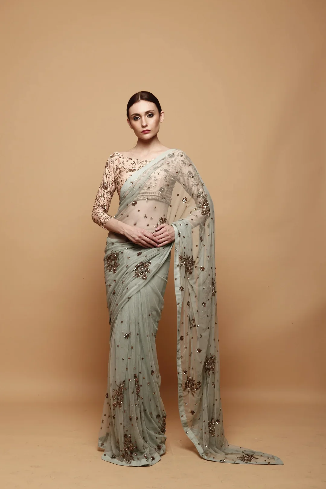 Sky Blue Saree With Pink Blouse - Image 3