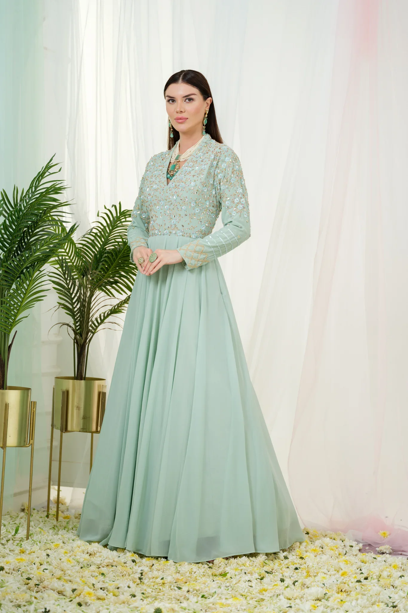 Sorrel Mint Green Georgette Flared Anarkali Set - Image 3