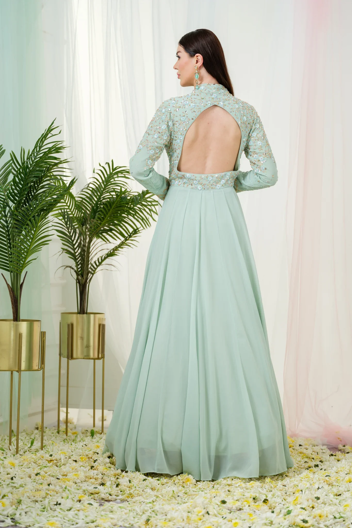 Sorrel Mint Green Georgette Flared Anarkali Set - Image 4