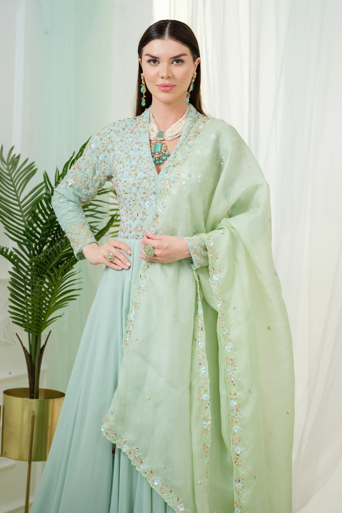 Sorrel Mint Green Georgette Flared Anarkali Set - Image 5