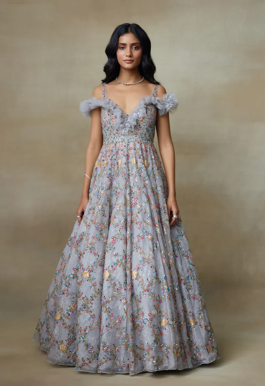 SPARROW - Grey Silk Organza And Chantilly Lace Gown