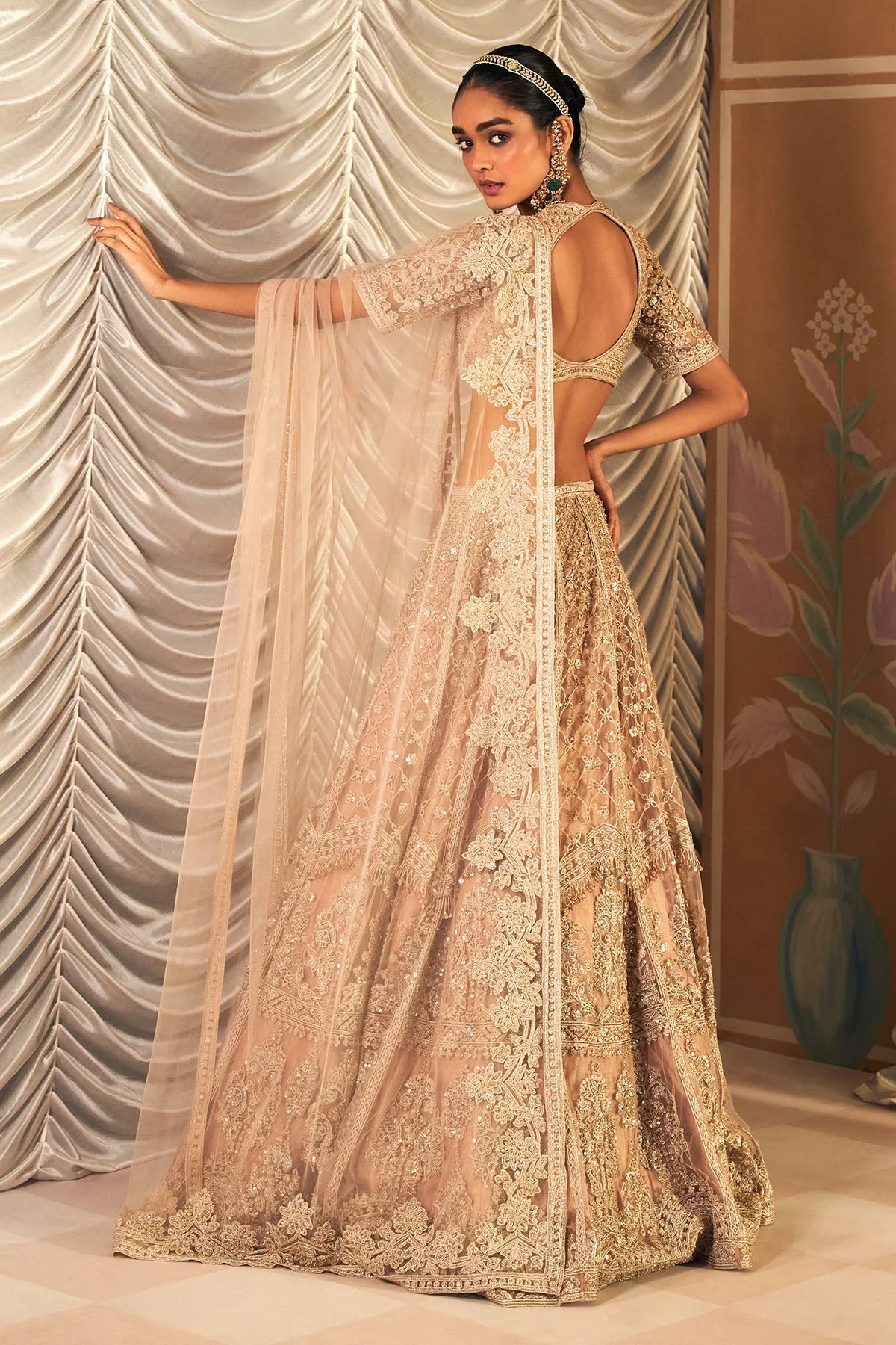 Sukhan - Champagne Net Embroidered Lehenga - Image 4