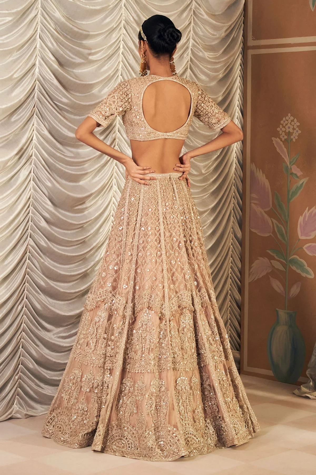 Sukhan - Champagne Net Embroidered Lehenga - Image 5