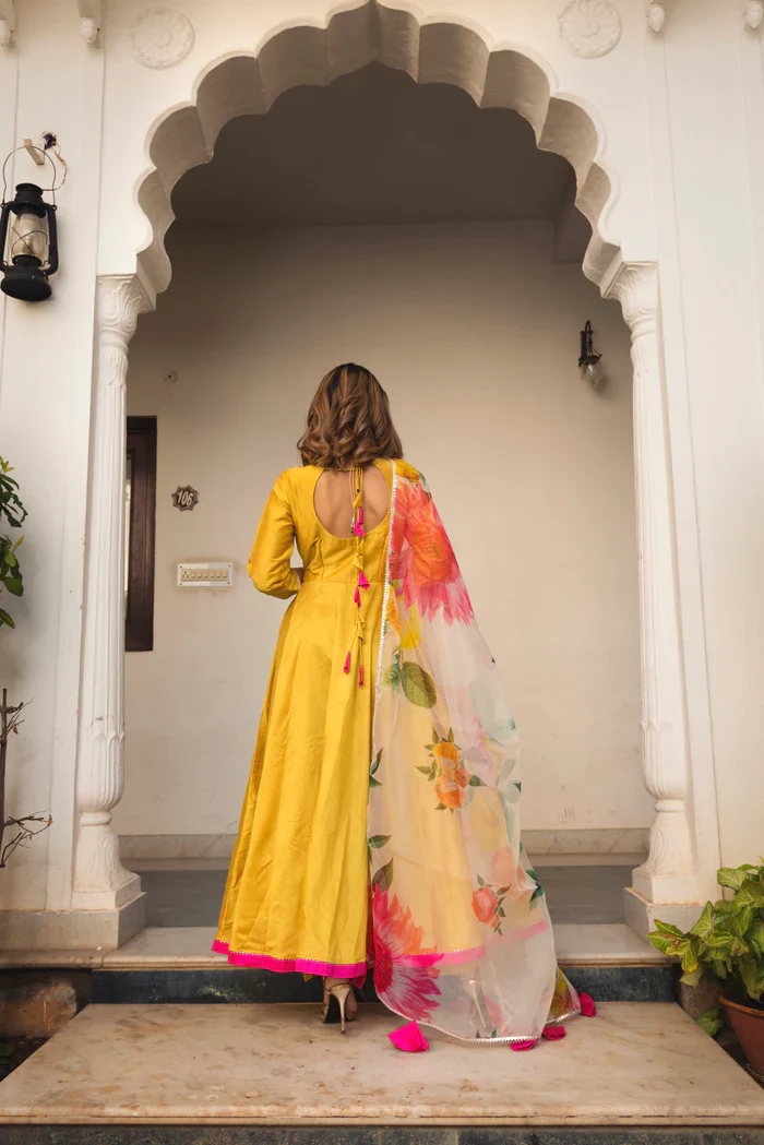 Sunflow cotton silk yellow anarkali set - Image 3