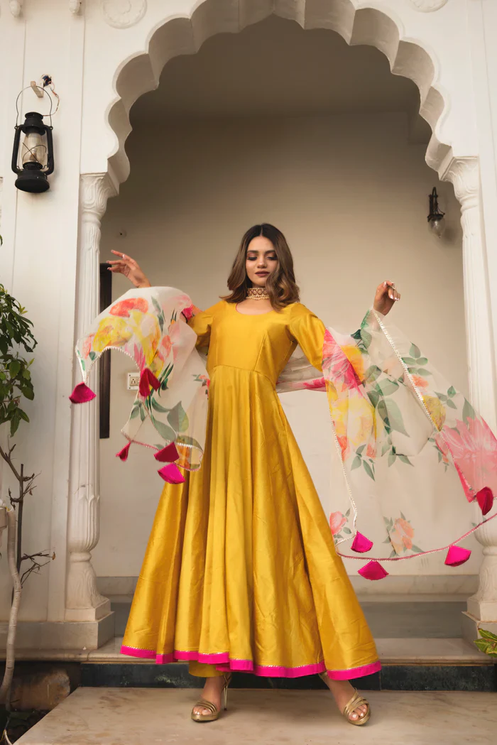 Sunflow cotton silk yellow anarkali set - Image 4