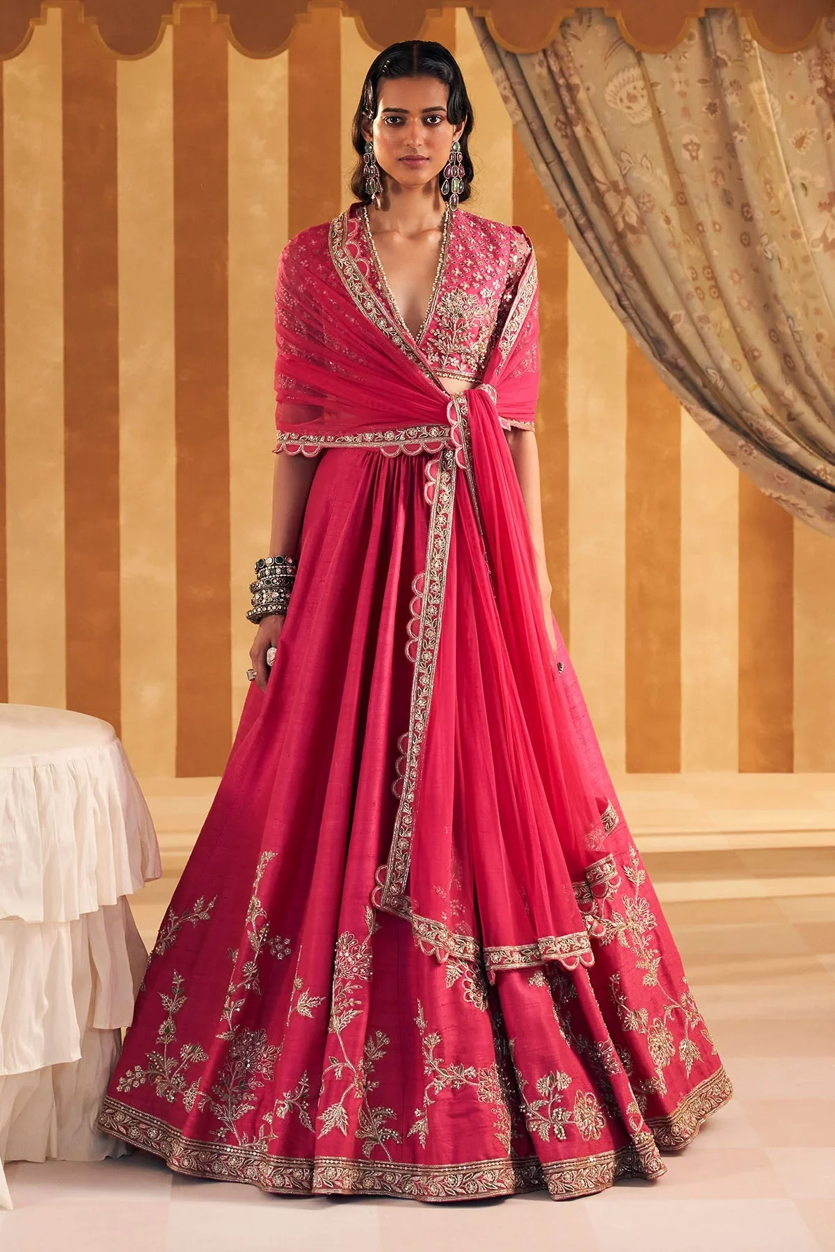 Tabeer - Royal Fuchsia Net Embroidered Blouse and Raw Silk Embroidered Lehenga