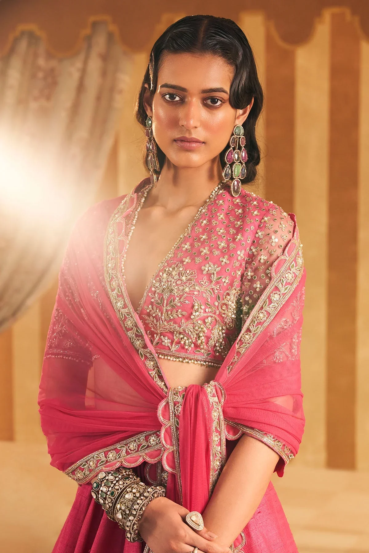 Tabeer - Royal Fuchsia Net Embroidered Blouse and Raw Silk Embroidered Lehenga - Image 2