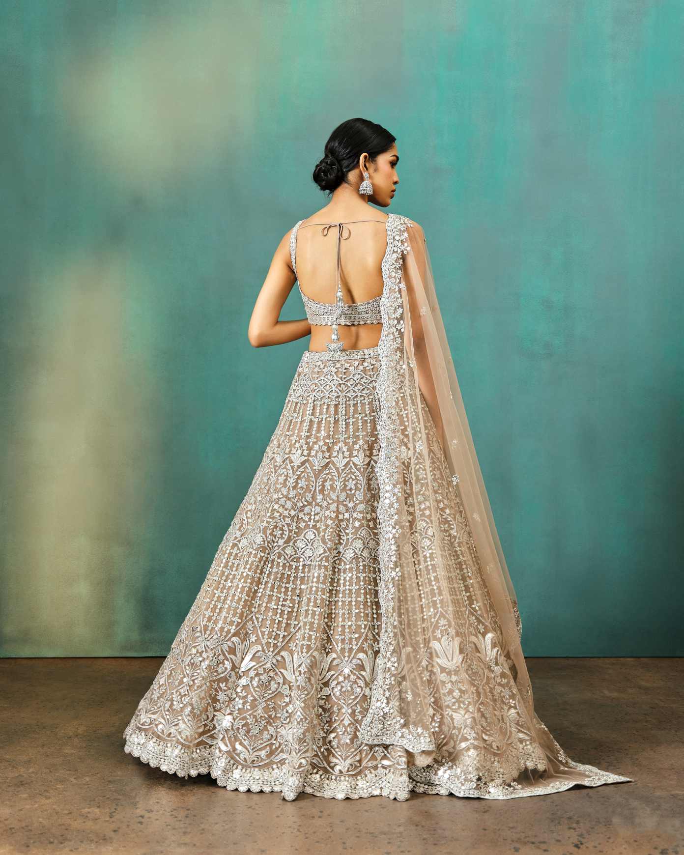 Taupe Net Silver Foil Applique Lehenga - Image 3