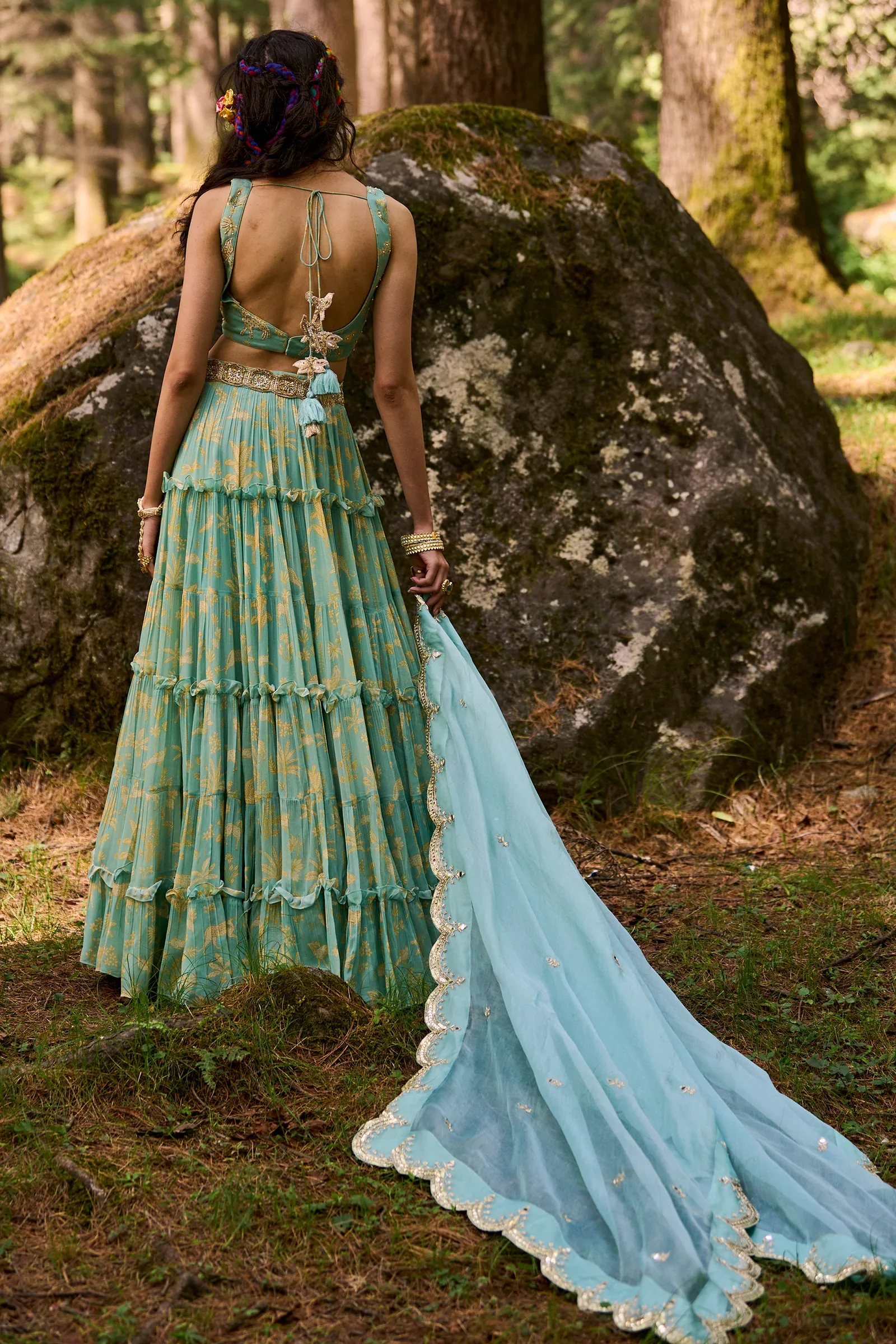Tea Pot Blue Bagh Print Four-Layered Lehenga Set - Image 2