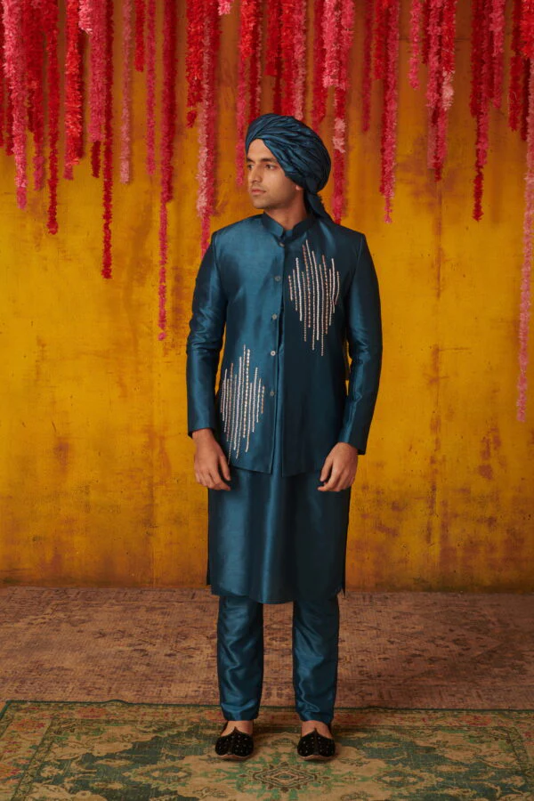 Teal Blue Embriodered Kurta Sherwani Set