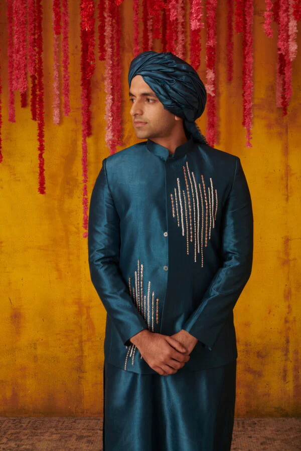 Teal Blue Embriodered Kurta Sherwani Set - Image 2