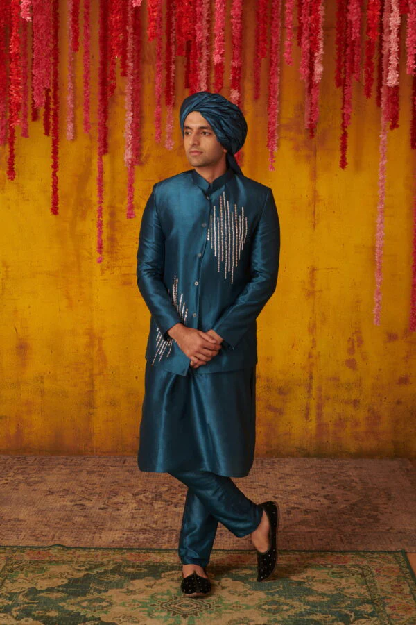 Teal Blue Embriodered Kurta Sherwani Set - Image 4