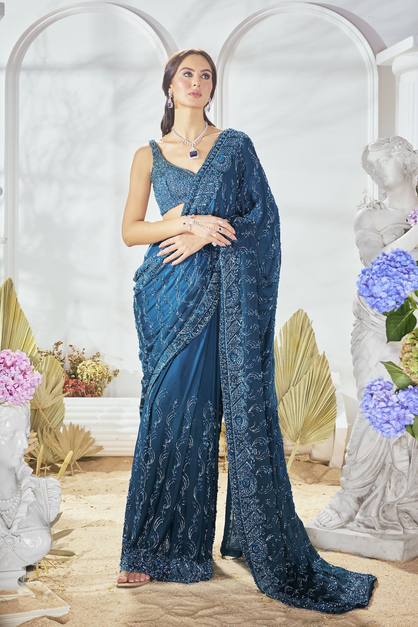 Teal Blue Hand Embroidered Pre-Draped Saree