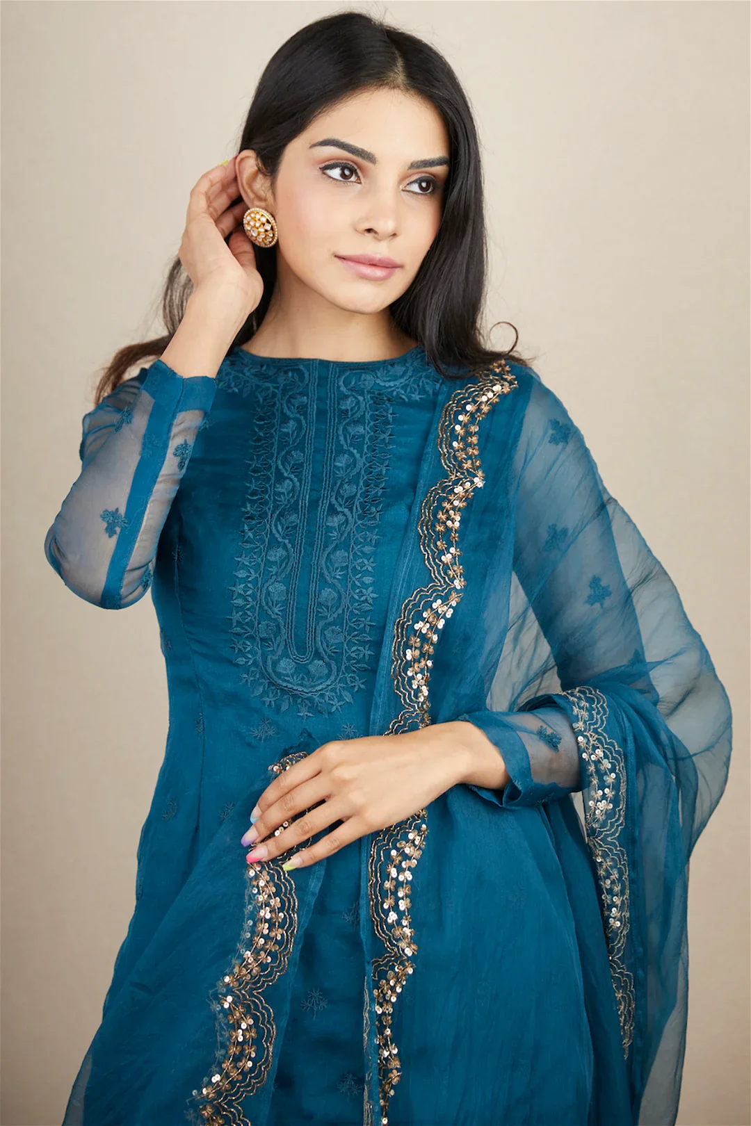 Teal Blue Organza Kurti And Sharara - Image 2