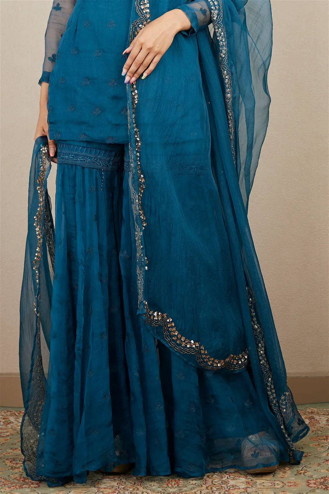Teal Blue Organza Kurti And Sharara - Image 3