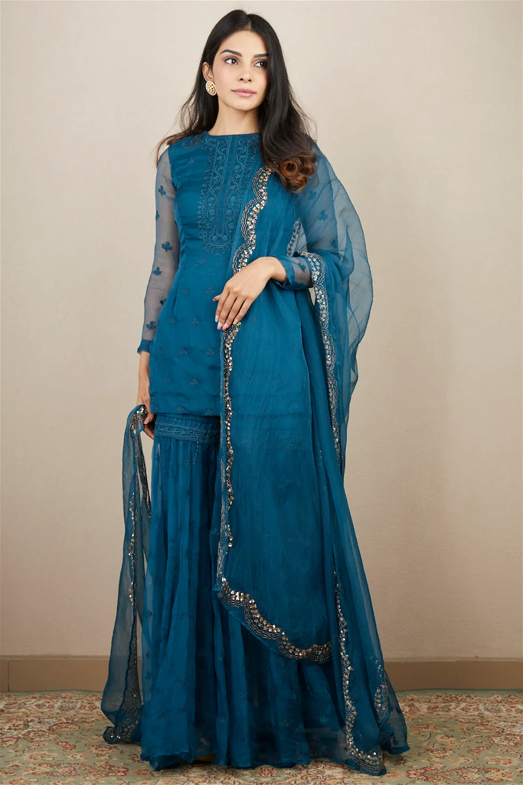 Teal Blue Organza Kurti And Sharara - Image 4