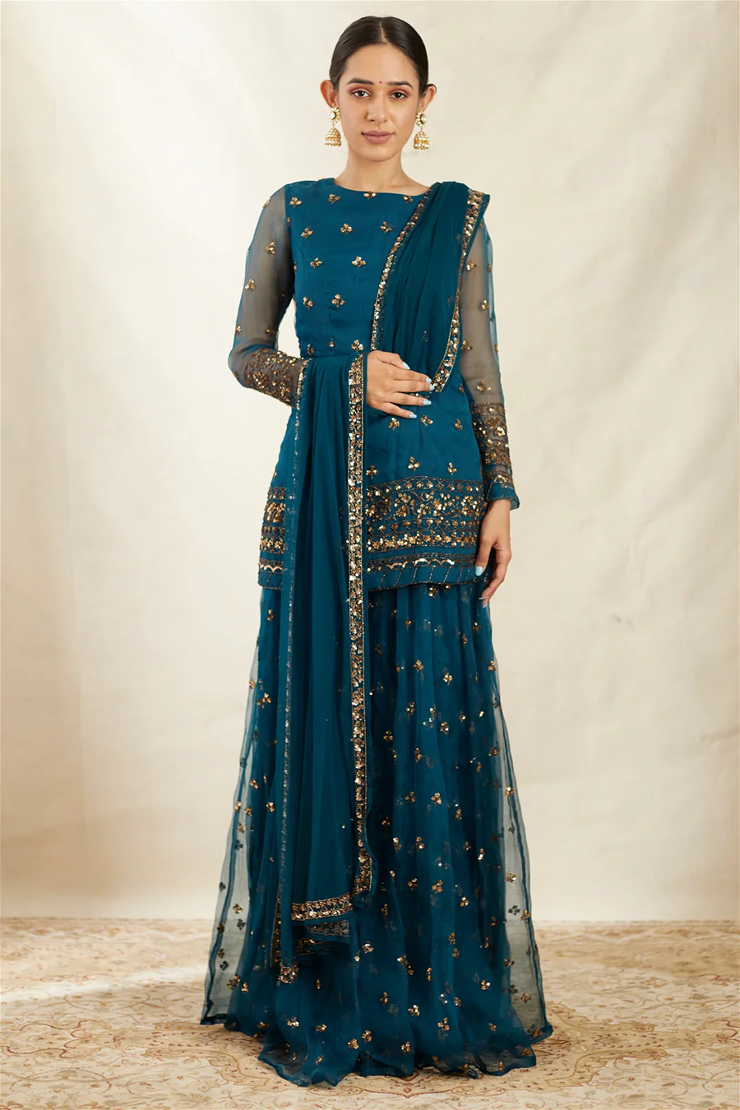 Teal Blue Organza Kurti And Sharara Set