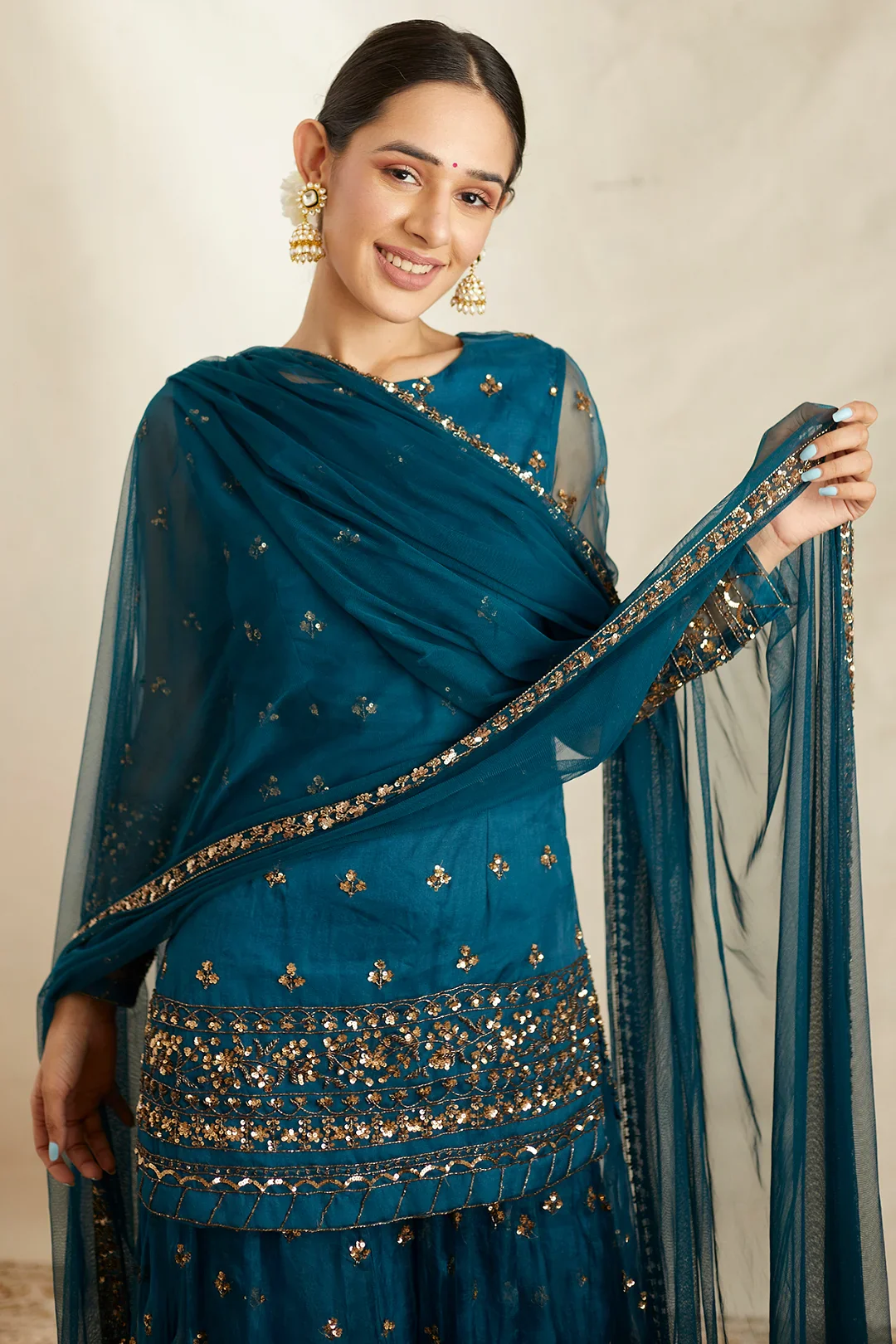 Teal Blue Organza Kurti And Sharara Set - Image 4