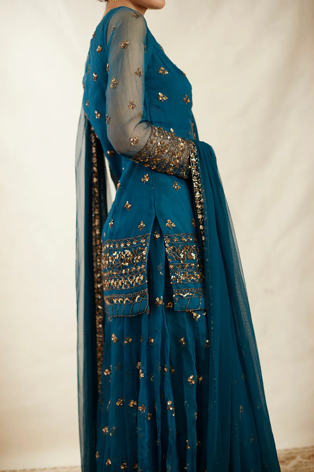 Teal Blue Organza Kurti And Sharara Set - Image 5
