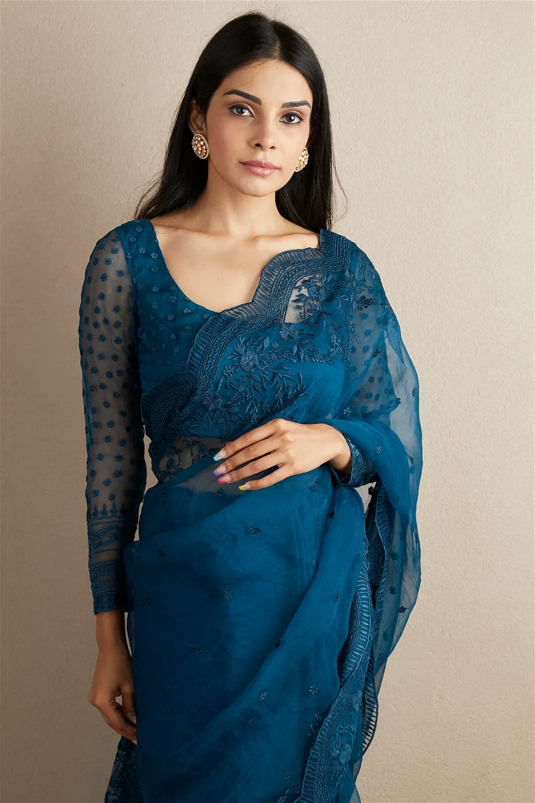 Teal Blue Organza Thread Work Saree Set - Image 2