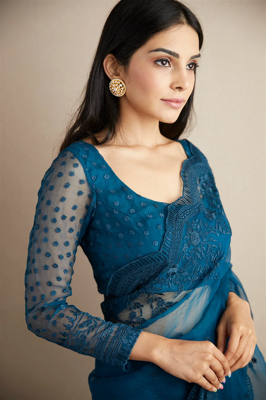Teal Blue Organza Thread Work Saree Set - Image 3