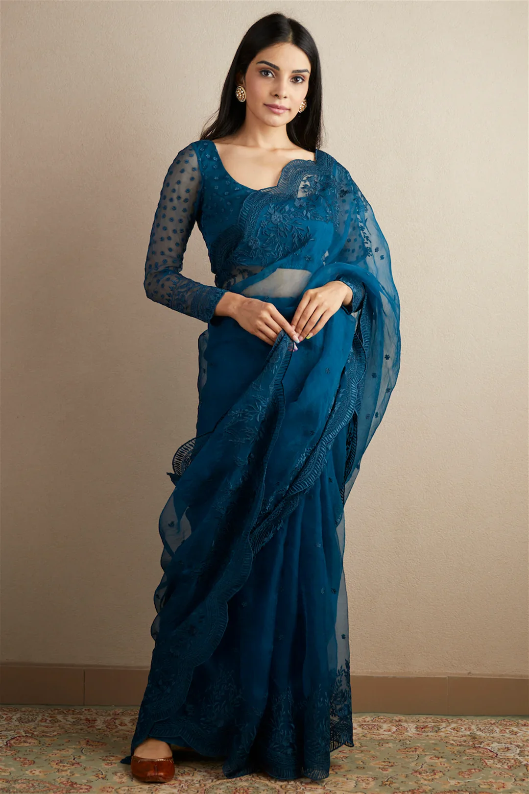 Teal Blue Organza Thread Work Saree Set - Image 4