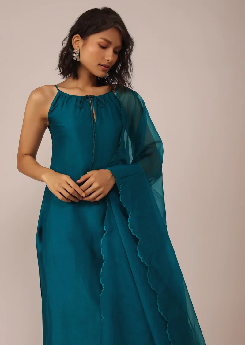 Teal Blue Plain Suit Set In Art Silk With Tassels Adorned Dupatta - Image 2