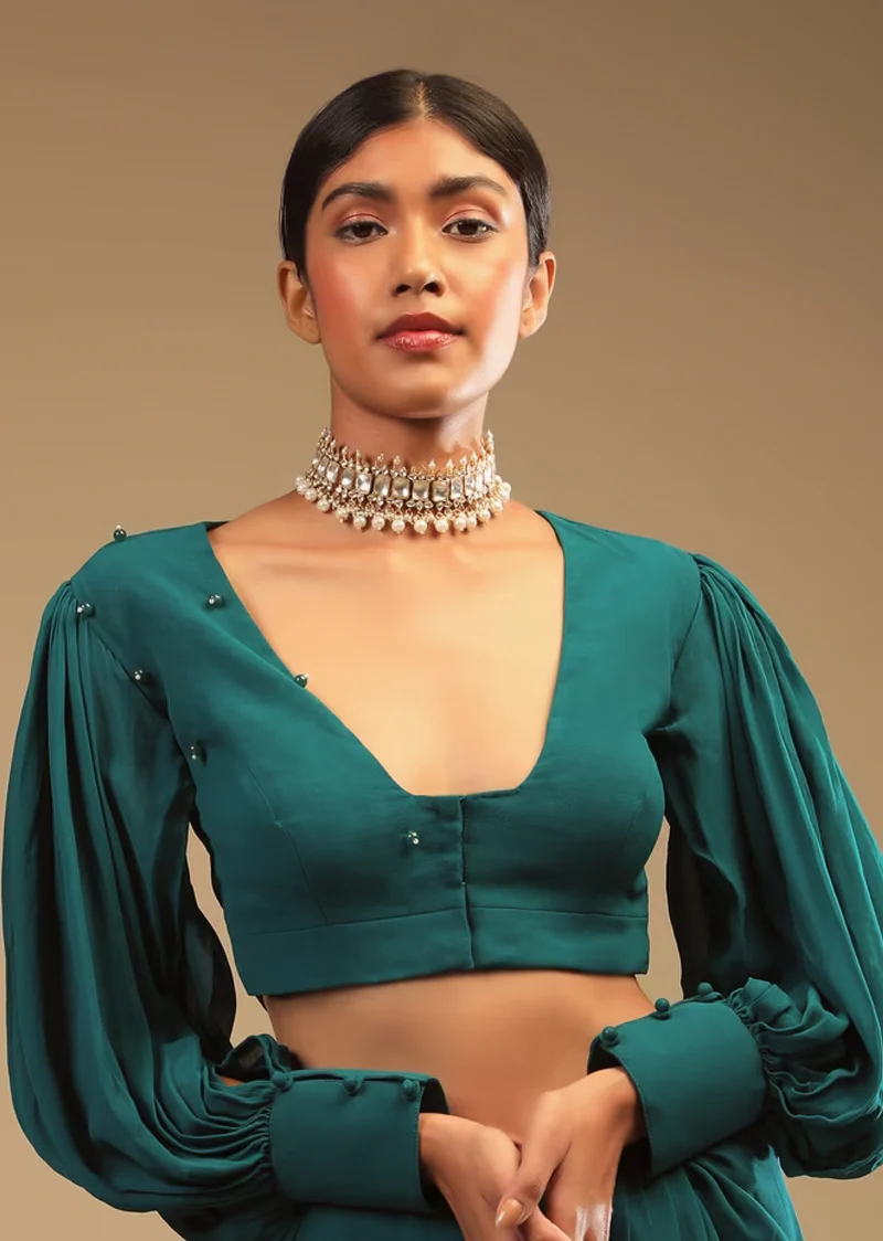 Teal Blue Saree In Georgette With Ruffle Frill And A Chunky Embroidered Belt - Image 2