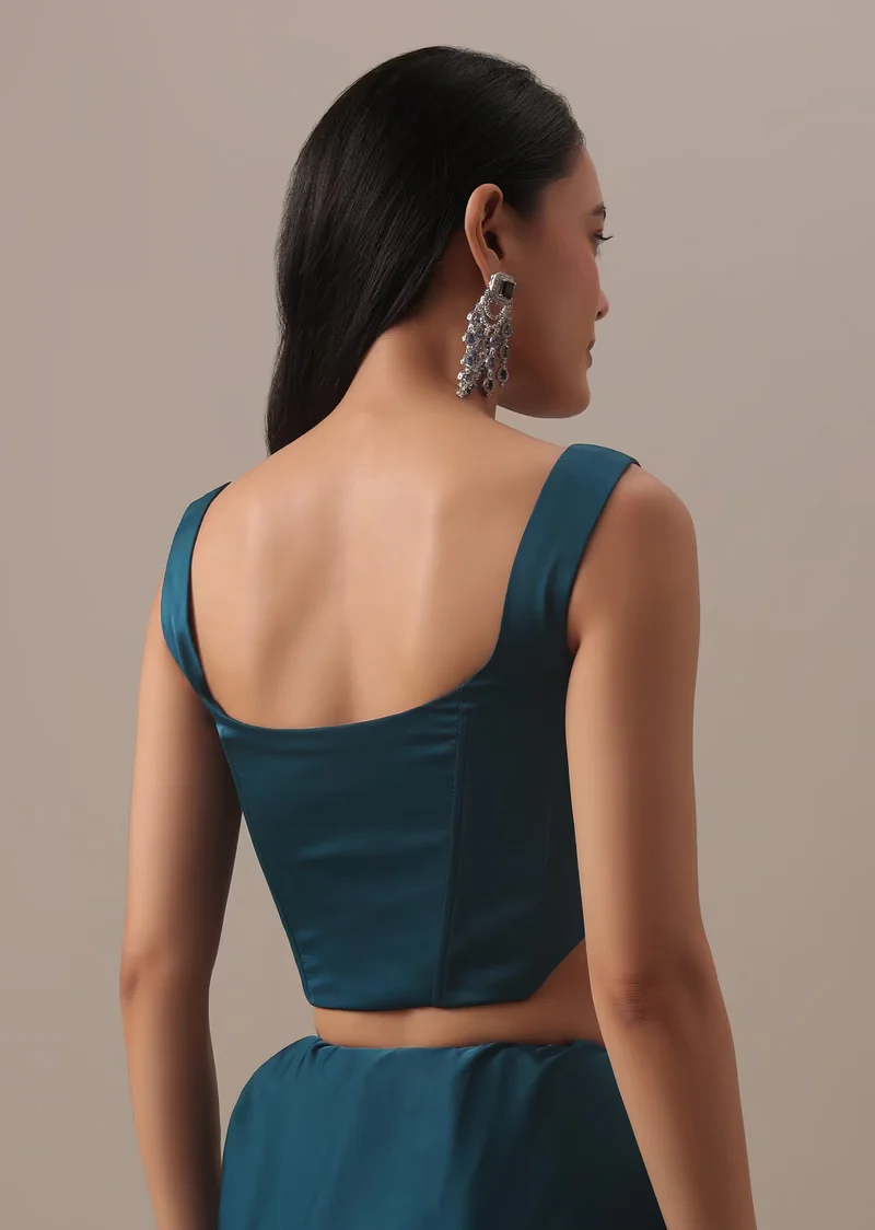 Teal Blue Satin Saree With Stitched Blouse Adorned In Cut Dana Lace - Image 3