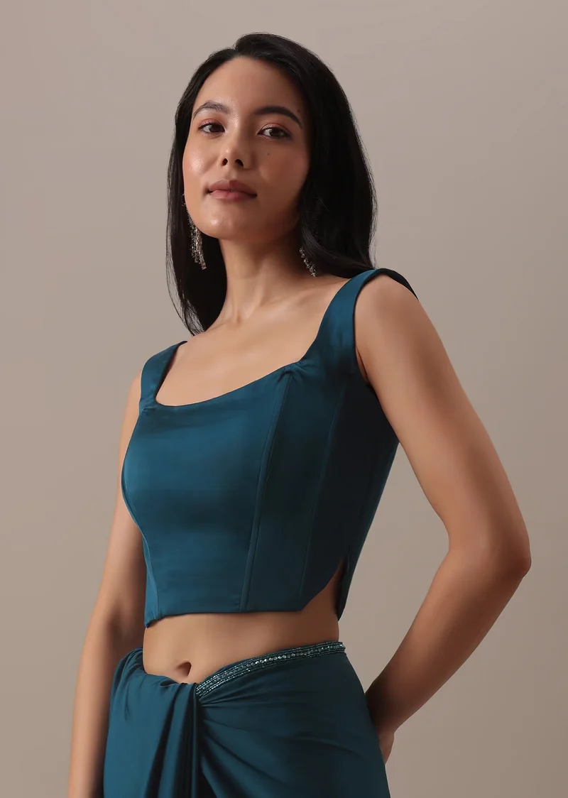 Teal Blue Satin Saree With Stitched Blouse Adorned In Cut Dana Lace - Image 4