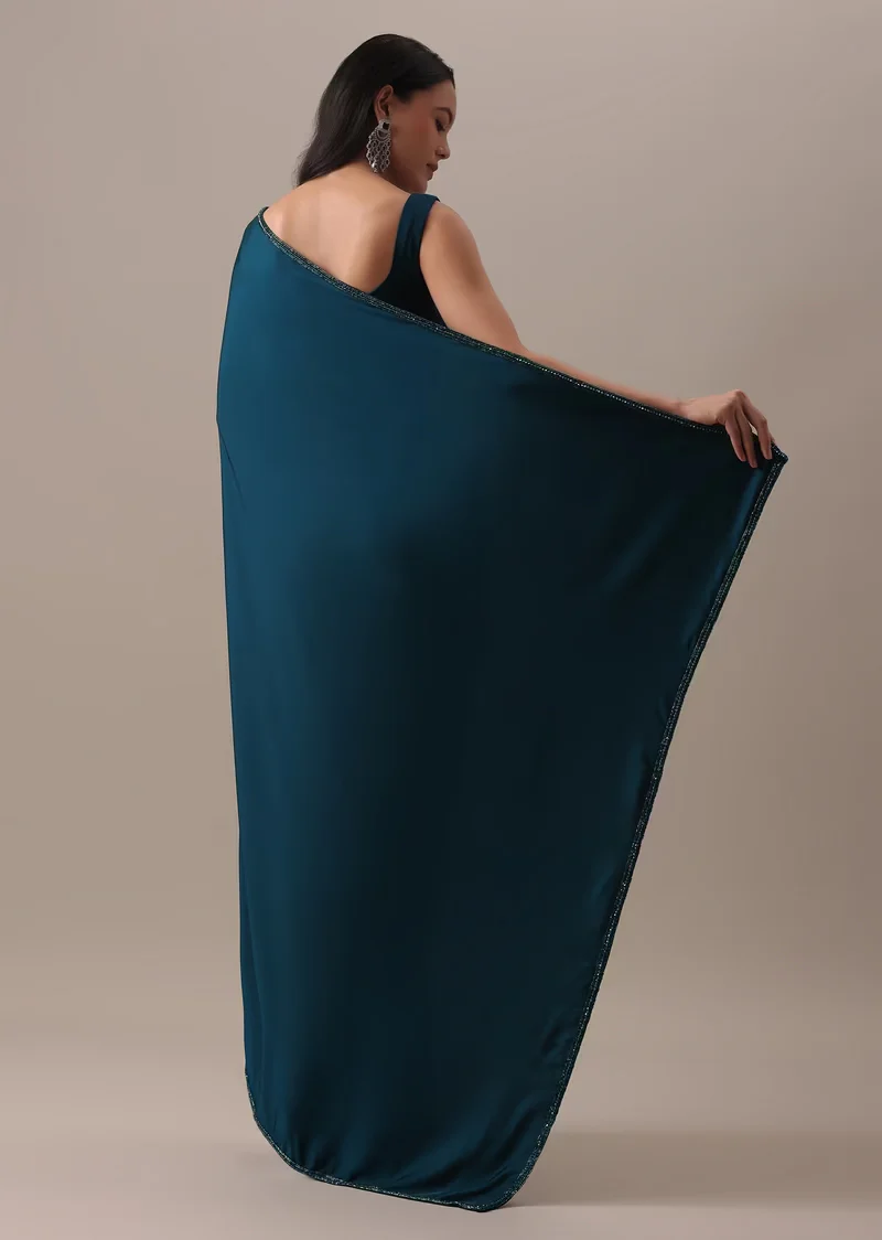 Teal Blue Satin Saree With Stitched Blouse Adorned In Cut Dana Lace - Image 5