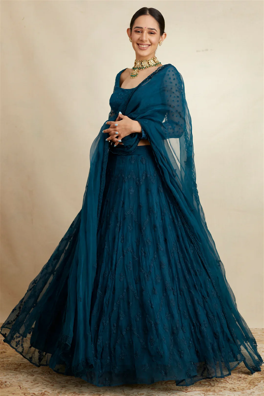 Teal Blue Thread Work Lehenga Set