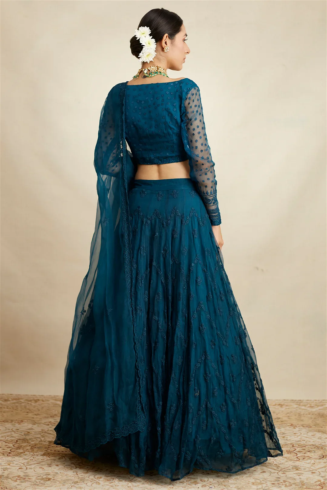 Teal Blue Thread Work Lehenga Set - Image 2