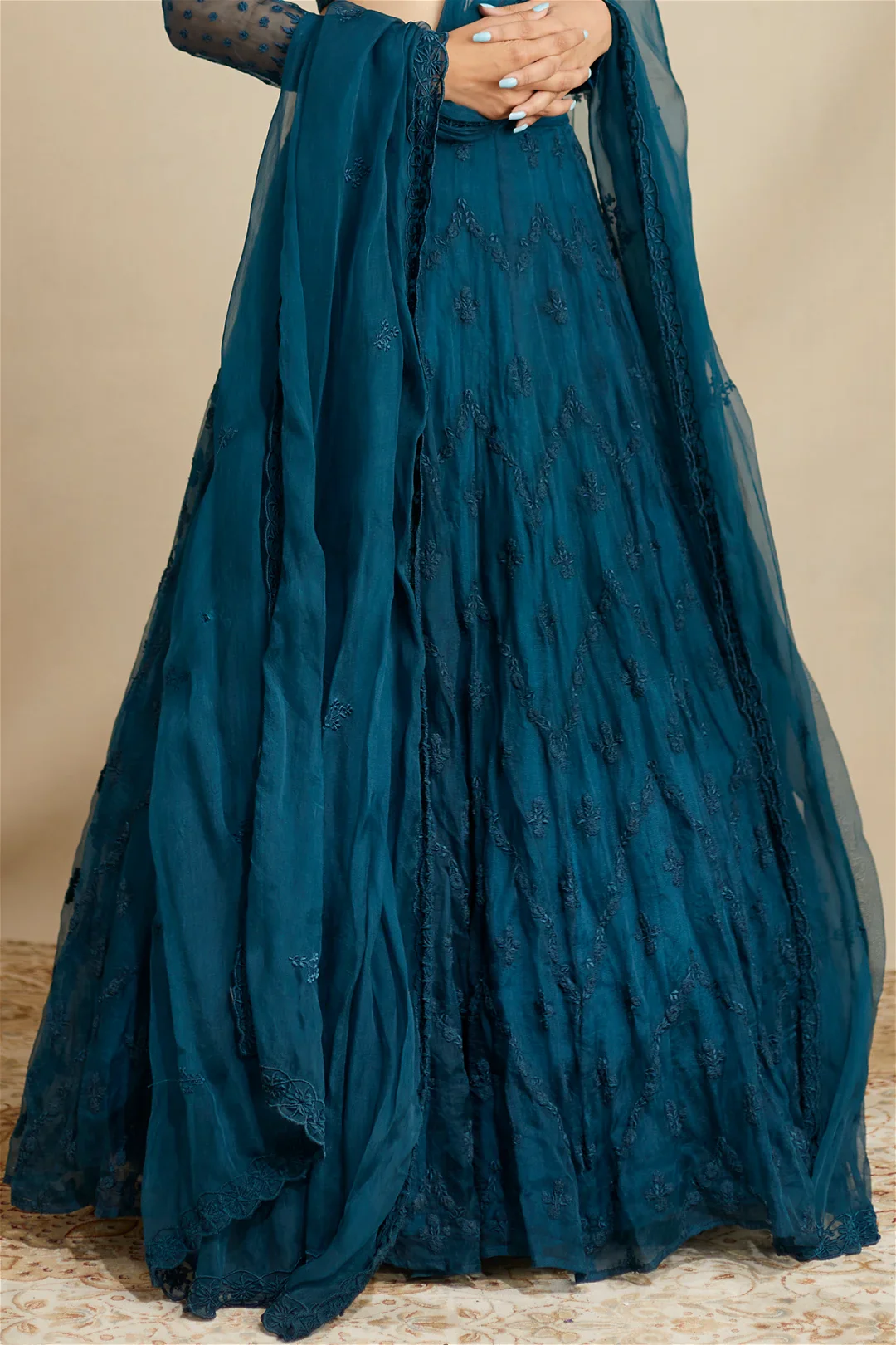 Teal Blue Thread Work Lehenga Set - Image 3