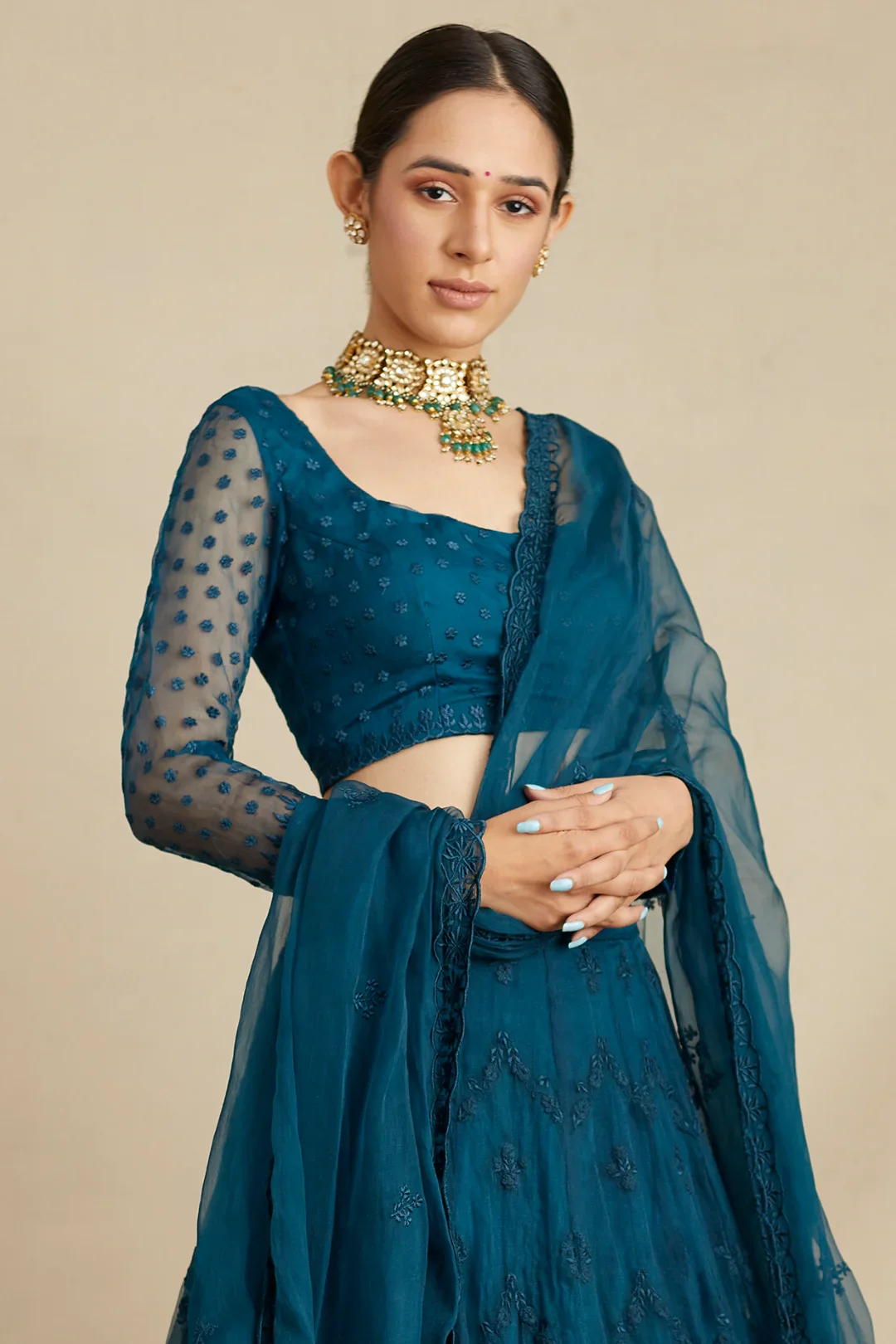 Teal Blue Thread Work Lehenga Set - Image 4