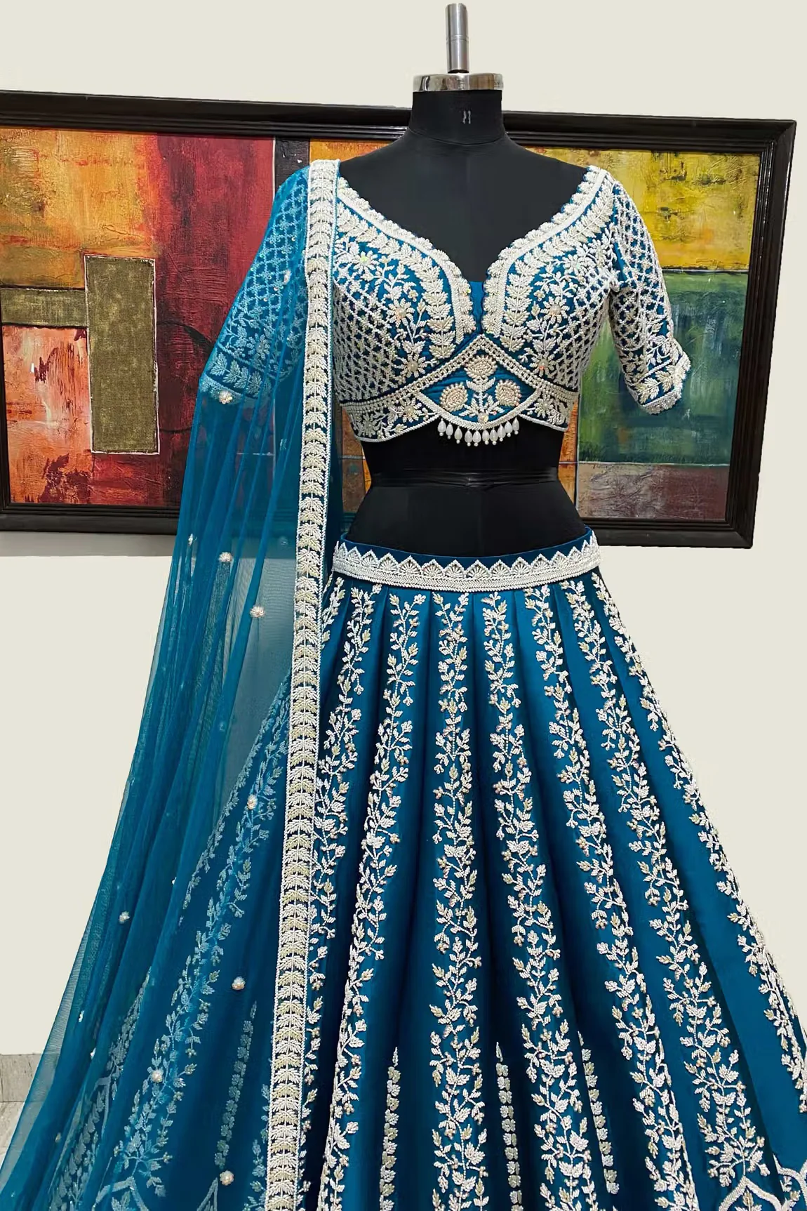Teal Chroma Silk Lehenga Set - Image 2