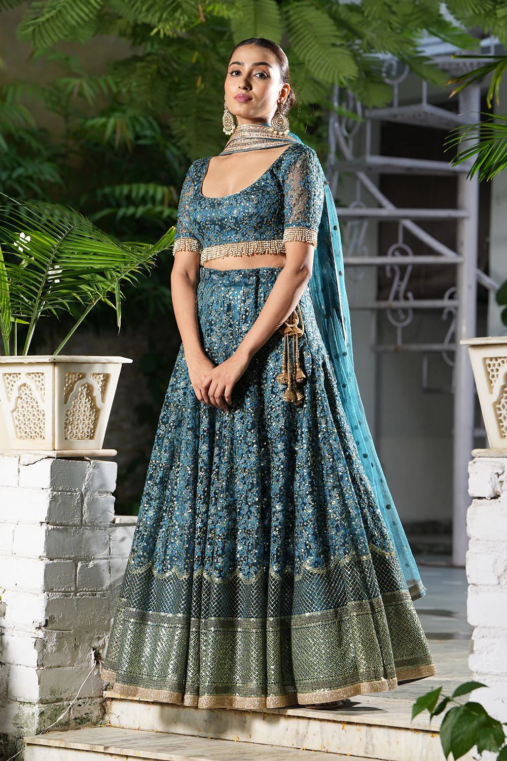 Teal Embroidered Lehenga Set - Image 2