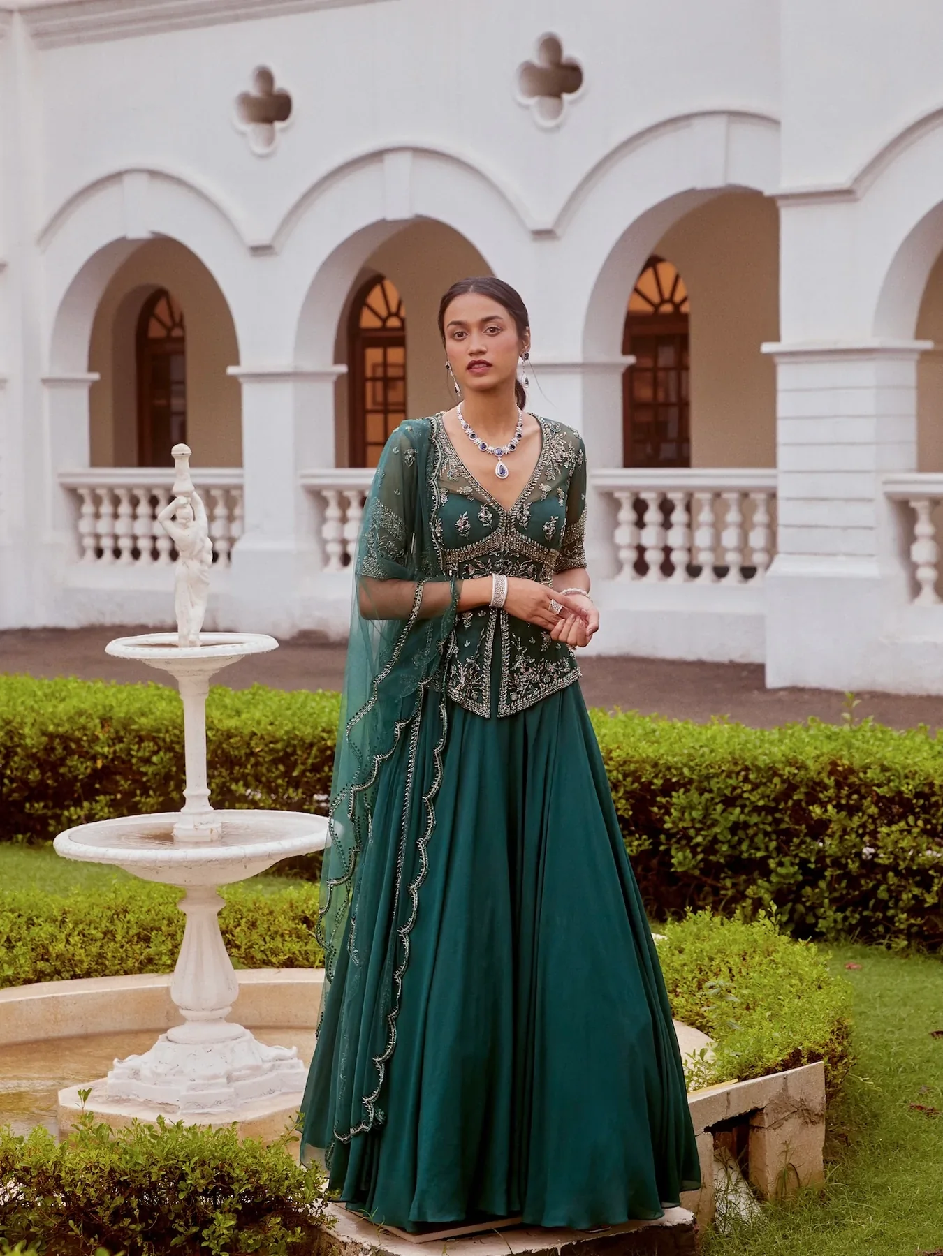 Teal Green Peplum With Lehenga And Dupatta