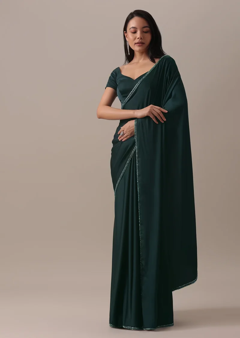 Teal Green Plain Saree And Stitched Blouse With Cut Dana Lace In Satin