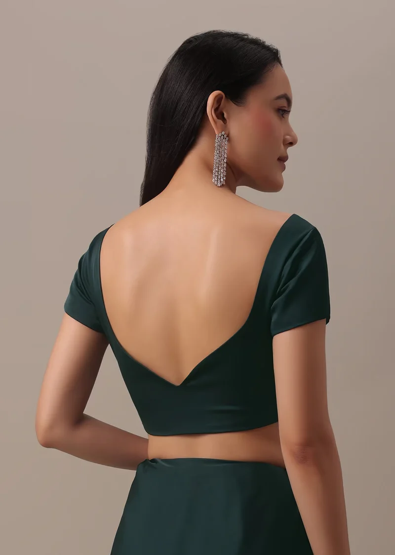 Teal Green Plain Saree And Stitched Blouse With Cut Dana Lace In Satin - Image 3