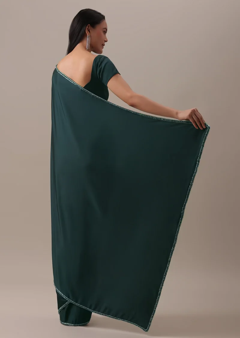 Teal Green Plain Saree And Stitched Blouse With Cut Dana Lace In Satin - Image 4