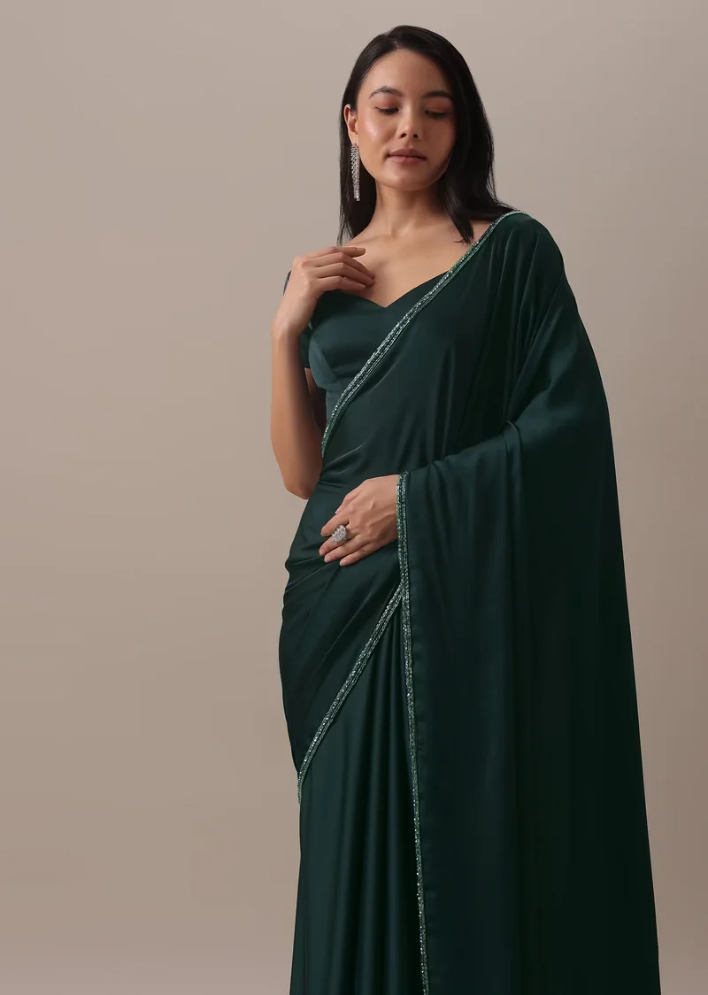 Teal Green Plain Saree And Stitched Blouse With Cut Dana Lace In Satin - Image 5